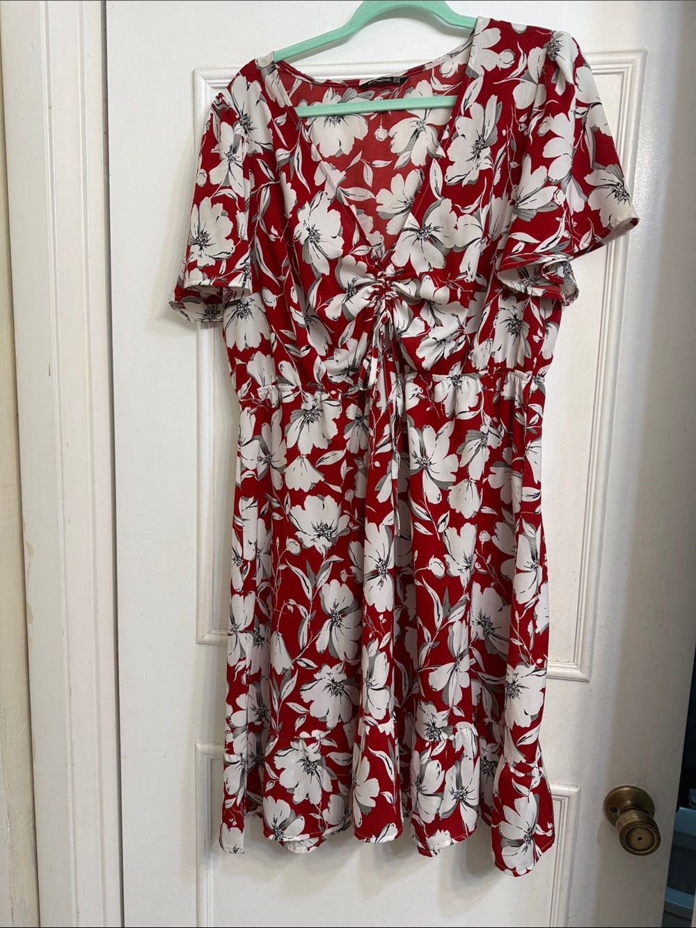 BloomChic Red and White Floral Midi Dress with Tie-Front